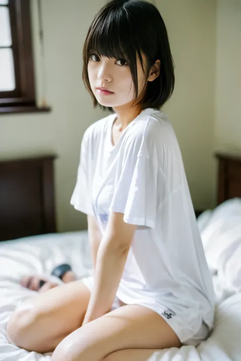 Highest quality, Focus on Your FACE, Soft light, (depth of field) ,super high definition, (photorealistic:1.4), RAW photo, (moody lighting,  night :1.2), bedroom, 
(Upper thigh:1.4), anatomically correct body,
1 Japanese girl, Alone, cute,  cute, (shy :1.1...