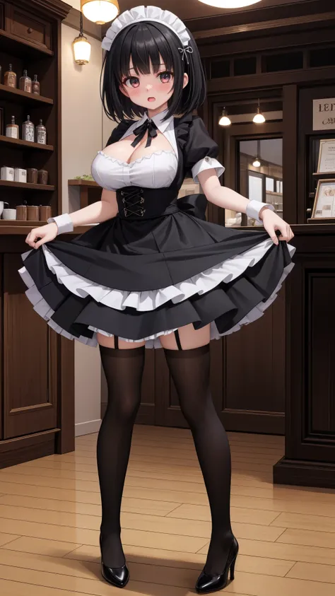  high quality、High image quality、detailed picture 、One Girl、Kirigaya Suguha、positive、Standing posture、Full body portrait、Black Hair、Medium haircut、blush、Absolute area、Black knee-high socks、Knee-length、stockings、Black Pantyhose、 maid clothes,  mini skirt、Ja...