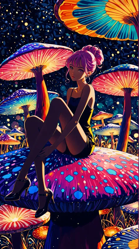 1girl,beautiful 18 year old girl,pink hair in a bun,bare shoulders,sitting on a giant mushroom,elegant,chic,modern,fashionable,muted colors,soft lighting,art nouveau,psychedelic anime style,colorful,trippy,vivid colors,bokeh