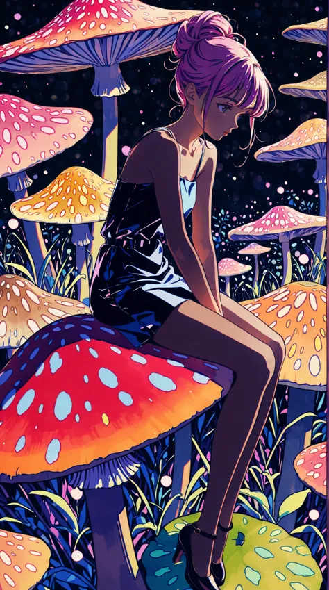 1girl,beautiful 18 year old girl,pink hair in a bun,bare shoulders,sitting on a giant mushroom,elegant,chic,modern,fashionable,muted colors,soft lighting,art nouveau,psychedelic anime style,colorful,trippy,vivid colors,bokeh