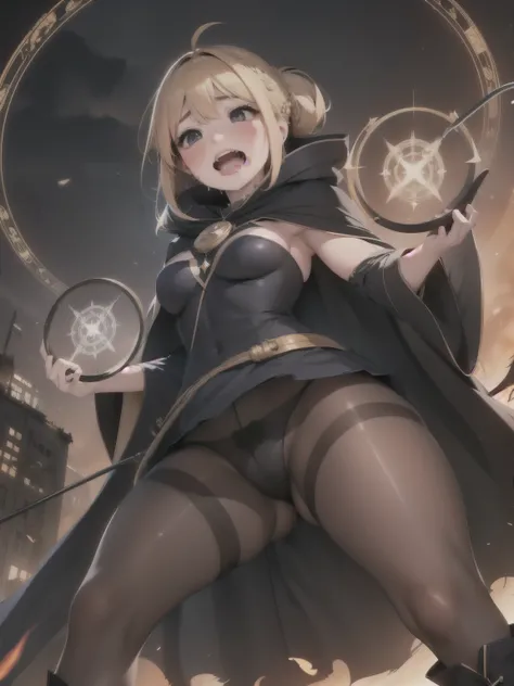 (round (ecstasy face)), drooping eyes, shame, blush),female sorceress, shame smiling, blush, muscular thighs, (dark pantyhose with pubic hair), ((cane, mage thick long cloak, magic circle)), small breasts, high boots, (open mouth, (drooling)), moving pose,...