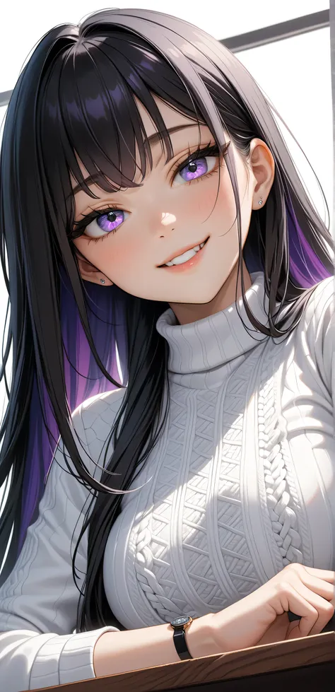 upper body, Random Sexy pose , ((Ultra detailing)), ((very aesthetic, best quality, ultra detailed)), intricate details, 1girl, ((long hair, Black hair, massy hair, purple inner hair)), ((Multi colour eyes)), ((Detailed eyes)), ((Beautifull eyes)), ((prefe...