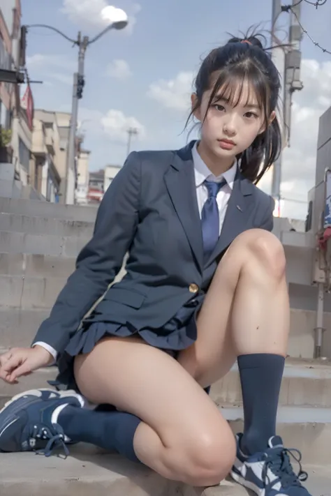 masterpiece,realistic,((city sky background)), (((angle see from the feet))),upskirt,Under skirt,Peeking,Voyeur, Panchira,lower body of a  female elementary school student walking,navy blue blazer,low angle,((navy blue micro pleated mini skirt)),((Wear nav...