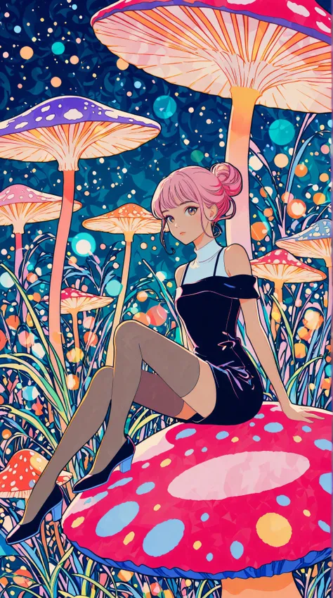 1girl,beautiful 18 year old girl,pink hair in a bun,bare shoulders,sitting on a giant mushroom,elegant,chic,modern,fashionable,muted colors,soft lighting,art nouveau,psychedelic anime style,colorful,trippy,vivid colors,bokeh
