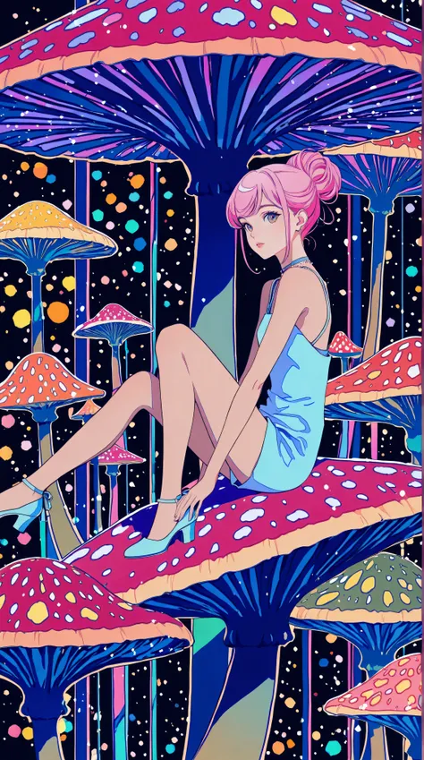 1girl,beautiful 18 year old girl,pink hair in a bun,bare shoulders,sitting on a giant mushroom,elegant,chic,modern,fashionable,muted colors,soft lighting,art nouveau,psychedelic anime style,colorful,trippy,vivid colors,bokeh