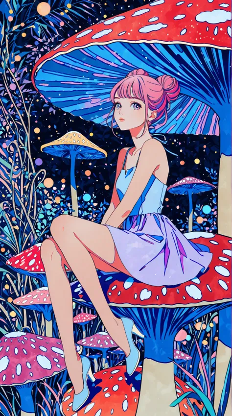 1girl,beautiful 18 year old girl,pink hair in a bun,bare shoulders,sitting on a giant mushroom,elegant,chic,modern,fashionable,muted colors,soft lighting,art nouveau,psychedelic anime style,colorful,trippy,vivid colors,bokeh