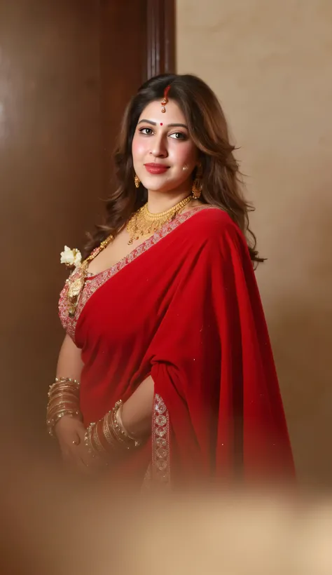 Fit, Red saree VEIL, Big lips, full body picture , BBW Wet curvy, wet Desi woman showing her big ass in sexy THONG pattern sexy lingerie and showing cleavage and in nose ring, many bangles in hands,earings, necklace ,lipstick ,navel,Indian, Chubby, showi...