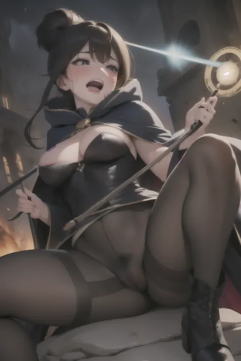 (round (ecstasy face)), drooping eyes, shame, blush),female sorceress, shame smiling, blush, muscular thighs, (dark pantyhose with pubic hair), ((cane, mage thick long cloak, magic circle)), high boots, (open mouth, drooling), moving pose,  braid hair up, ...