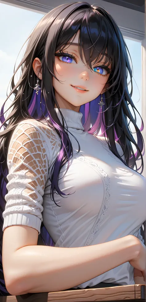 upper body, Random Sexy pose , ((Ultra detailing)), ((very aesthetic, best quality, ultra detailed)), intricate details, 1girl, ((long hair, Black hair, massy hair, purple inner hair)), ((Multi colour eyes)), ((Detailed eyes)), ((Beautifull eyes)), ((prefe...