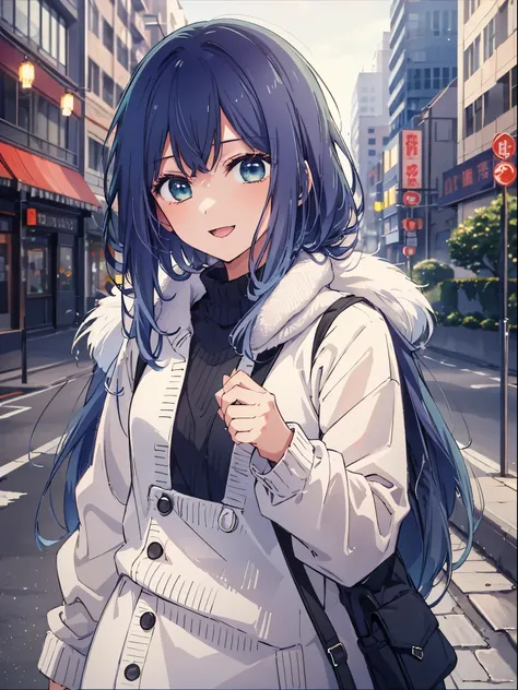  beautiful lighting ,  1 Girl in ,  solo, Akane, (((anime style)))、((( two-dimensional)))、a smile、Open Your Mouth、(((Winter clothes )))、Casual Clothes、Take away 