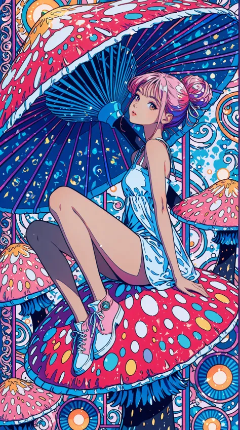 1 asian girl, beautiful 18 year old girl, pink hair in a bun, bare shoulders, sitting on a giant mushroom, elegant, chic, modern, fashionable, muted colors, soft lighting, art nouveau, psychedelic anime style, colorful, trippy, (best quality,4k,8k,highres,...