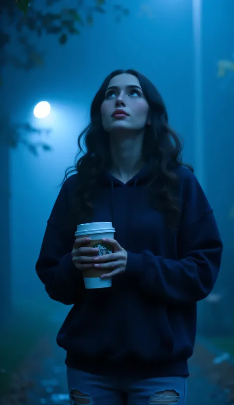 A full body frontal shot of a beautiful woman with dark wavy hairstyle, ((very pale skin)), looking up at the sky, dressed in a navy blue hoodie, torn light blue skinny jeans, holding a paper steming starbucks coffee cup, cinematic shot, cinematic composit...