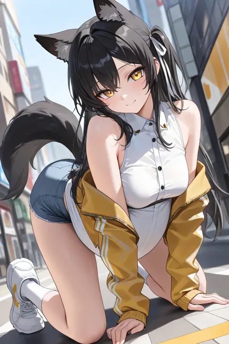 (Best quality, 4k, 8k, high resolution, masterpiece:1.2), ultra detailed, intricate details, SOLO, beautiful girl, alone, long black hair, bangs, one side of her hair adorned with a white ribbon with gold stripes, golden eyes, small-medium breasts, perfect...