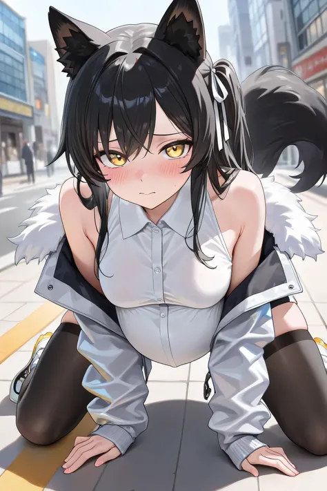 (Best quality, 4k, 8k, high resolution, masterpiece:1.2), ultra detailed, intricate details, SOLO, beautiful girl, alone, long black hair, bangs, one side of her hair adorned with a white ribbon with gold stripes, golden eyes, small-medium breasts, perfect...