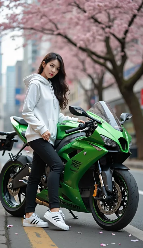  8K HD photo of a beautiful Korean woman with an ideal figure  , wearing a white hoodie ,  black long pants,   and adidas Stan Smith sneakers  ,  standing beside the new Kawasaki Ninja color green metallic、,  Shiny Visible Paint  , I'm wearing Michelin tir...