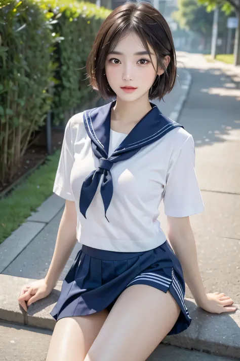 ((Highest quality, 8k, masterpiece :1.3)), 1 innocent girl:1.3, ( short hair, in Drenched Sailor Suits , Wet Miniskirt  :1.2), very detailed face holding chopsticks on it, beautiful eyes,  double eyelids,full body, cute face ,( ),( realistic face),(real sk...