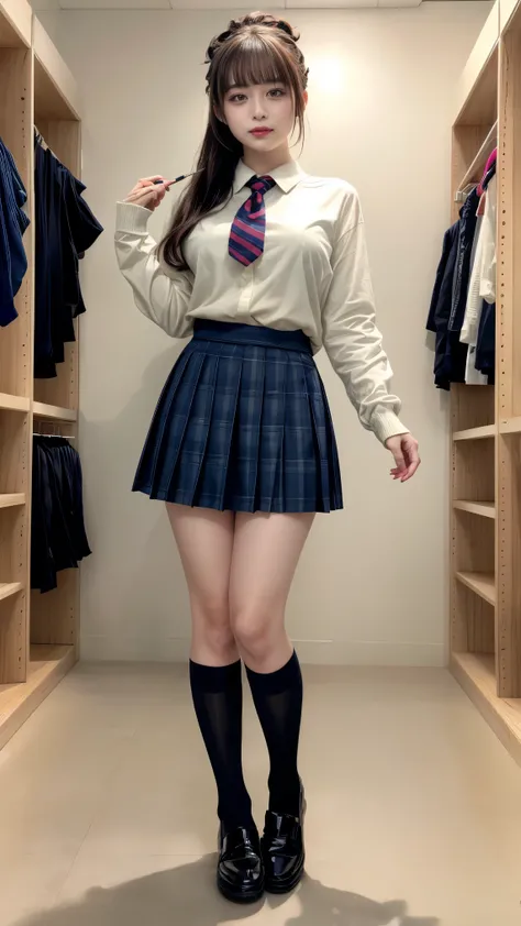 masterpiece,  Top Quality ,  illustration,  非常にexhaustiveな ,  exhaustive,  Hi-Res, 8k, wallpaper,   perfect dynamic configuration,( exhaustiveで高品質,  realistic depiction of eyes kissed in a changing room:1.3),  standing,  High school girl uniform、tie,   。Ul...