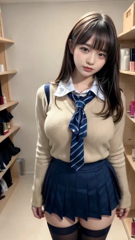 masterpiece,  Top Quality ,  illustration,  非常にexhaustiveな ,  exhaustive,  Hi-Res, 8k, wallpaper,   perfect dynamic configuration,( exhaustiveで高品質,  realistic depiction of eyes kissed in a changing room:1.3),  standing,  High school girl uniform、tie,   。Ul...