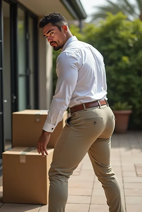 Fotografía realista, 35-year-old muscular (((atletic man))) , , View from below, nalgon de perfil, stripe white formal shirt and very tight light khaki trousers, brown belt, de perfil, Big butt, viendo a cámara, ojos negros, en el patio, hombre sexy, muy n...