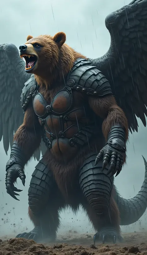 The transformation is complete—standing in the heart of the storm is a nightmarish hybrid of grizzly bear, raven, and scorpion. Its massive, fur-covered body is reinforced with layers of armored plating, its limbs a fusion of powerful bear muscles and razo...