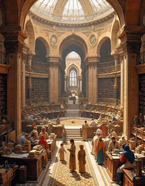 **Prompt:** Imagine you are a historian walking through the bustling Bayt al-Ḥikmah library, the grand library of Baghdado during of its ancient zenith in the 8th century. Describe your journey as you explore the grandeur of this architectural marvel, ...
