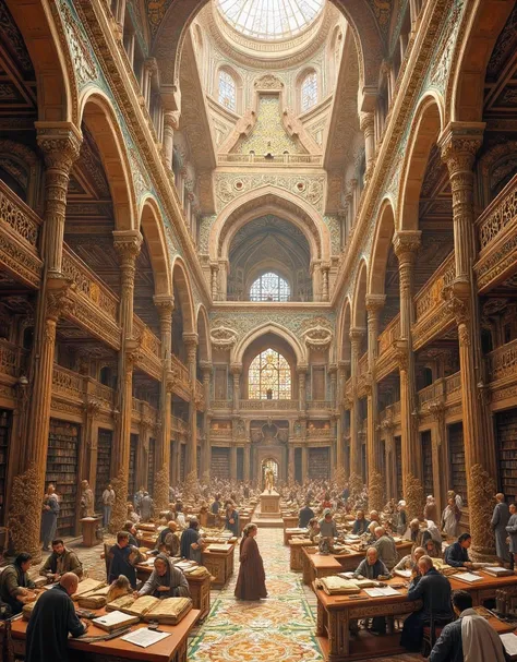 **Prompt:** Imagine you are a historian walking through the bustling Bayt al-Ḥikmah library, the grand library of Baghdado during of its ancient zenith in the 8th century. Describe your journey as you explore the grandeur of this architectural marvel, ...