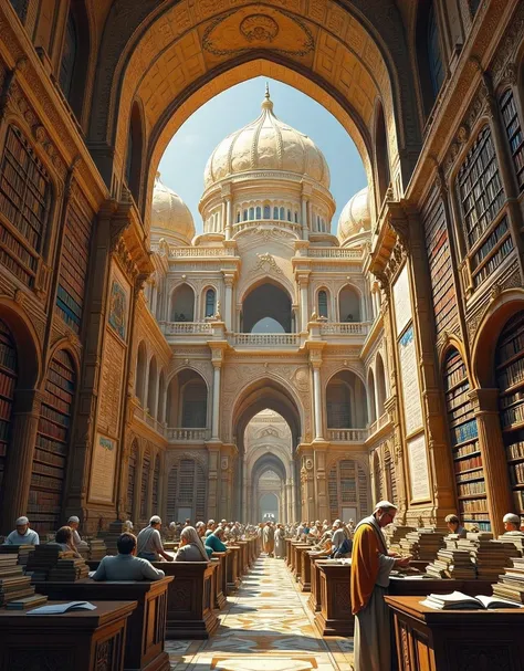**Prompt:** Imagine you are a historian walking through the bustling Bayt al-Ḥikmah library, the grand library of Baghdado during of its ancient zenith in the 8th century. Describe your journey as you explore the grandeur of this architectural marvel, ...