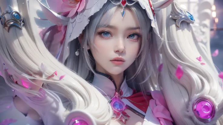 艺术背景artistic germ. High Detailed Texture ,panoramic,1 girl,Blur red petals and graphic fusion, with only one character,Only one horse,plump woman,beautiful young woman with white conceptual dress with white high slit dress,cloak,hood, riding a white horse...