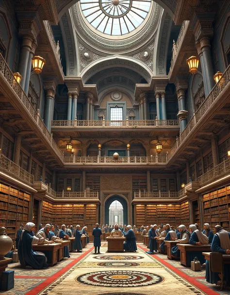 **Prompt:**     Imagine you are a historian walking through the bustling Bayt al-Ḥikmah library, the grand library of Baghdado during of its ancient zenith in the 8th century. Describe your journey as you explore the grandeur of this architectural marvel, ...