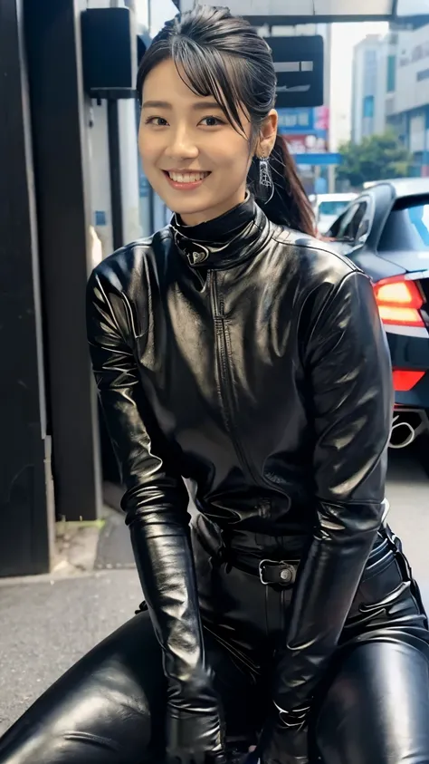 ( Shiny black leather rider's jacket:1.2), Dark room office, Black leather gloves on the fingertips of both hands,Wearing black leather gloves,Sitting in a black leather chair、 Japanese new female ( black leather gloves covering both hands :1.4) (Long boot...