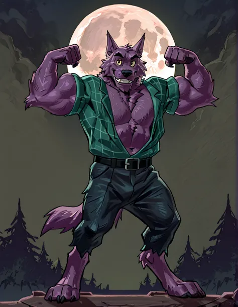 Bernard, Bernard_Mettle, werewolf, purple fur, yellow sclera, teal flannel shirt, furry chest, black belt, dark blue pants, open shirt, muscular, flexing, grin, proud, strong, night background, full moon, full body, barefoot, t4r4nf1dd13r, (front view), (b...