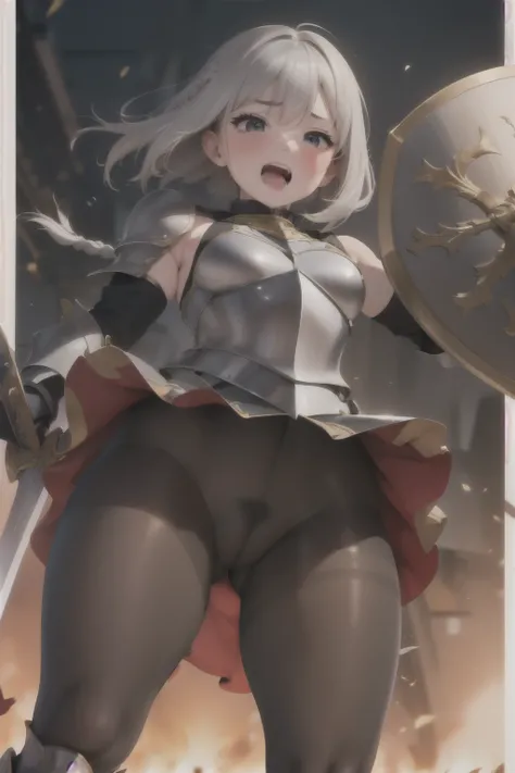 round ecstasy face, drooping eyes, shame smiling, blush),female fighter, (thick silver armor with gold border), break shame, blush, small breasts, (dark pantyhose with pubic), muscular thin thighs, sword, huge shield, high boots, focus on her crotch, braid...