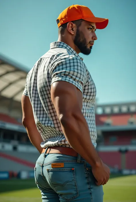  Realistic photograph , 30-year-old muscular (((athletic man))) , , View from below,  in profile, white and light gray Oxford shirt de cuadros and very tight light faded blue jeans, brown belt,  in profile, Big butt, viendo a cámara,  black eyes,, at the s...