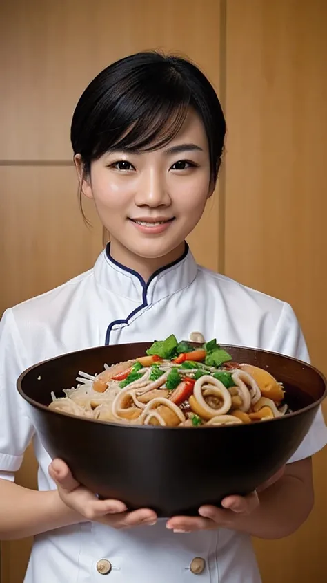 Smiling Chinese Chef， male，holding a brown 20x15 cm box,There is a Chinese flag on it,It contains ingredients to prepare traditional Chinese dishes, Realistic photo,  8,000,  photo 