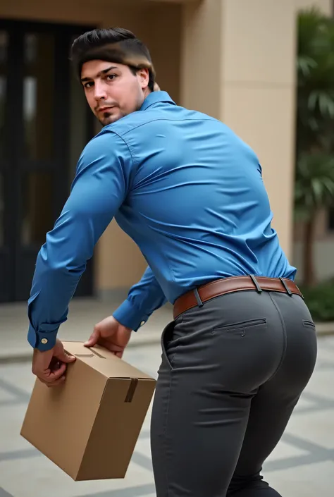 Fotografía realista, 35-year-old muscular (((atletic man))) , , View from below, nalgon de perfil, stripe blue formal shirt and very tight dark gray trousers, brown belt, de perfil, Big butt, viendo a cámara, ojos negros, en el patio, hombre sexy, muy nalg...