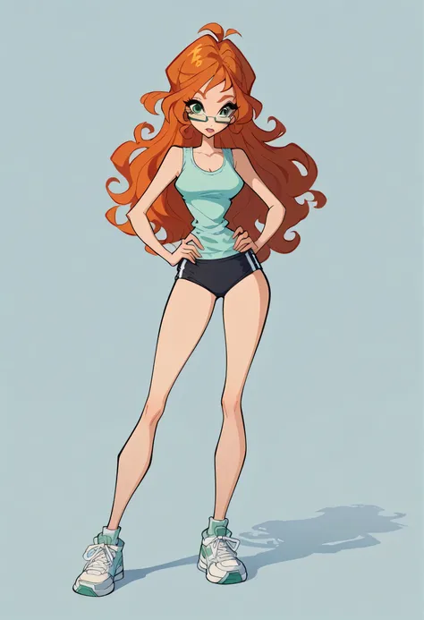 1 woman, long hair , wavy orange hair, green eyes , glasses , white tank top , black panties , abdomen, big breasts , Long legs , hands on hips.. , sneakers,