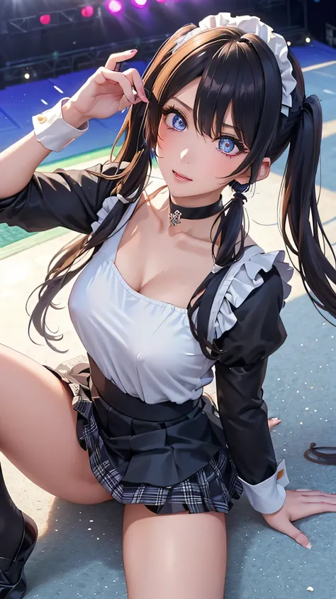 (((Maid))),(( glittering stage)),super high definition ,mature woman, mature woman, very well detailed, (( small tits)), perfect hands,  Fine fingers ,  beautiful details , ((Long, long hair)),black choker, earrings,perfect eye,  seductive eyes,(((Maid服)))...