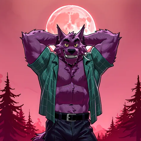Bernard, Bernard_Mettle, werewolf, purple fur, yellow sclera, teal flannel shirt, furry chest, black belt, dark blue pants, open shirt, muscular, flexing, grin, proud, strong, night background, full moon, half body, t4r4nf1dd13r, (front view), looking at v...