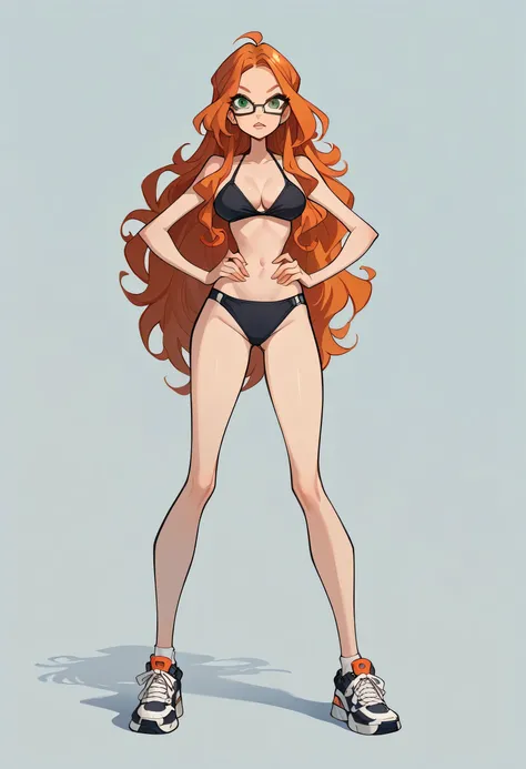 1 woman, long hair , wavy orange hair, green eyes , glasses , black bikini , abdomen, big breasts , Long legs , hands on hips.. , sneakers,