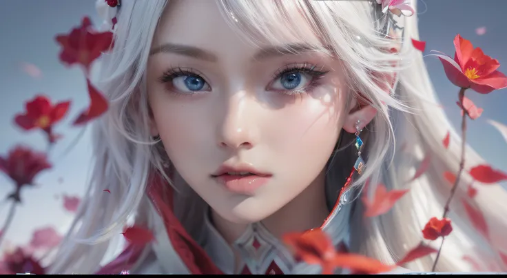 艺术背景artistic germ. High Detailed Texture ,panoramic,1 girl,Blur red petals and graphic fusion, with only one character,Only one horse,plump woman,beautiful young woman with white conceptual dress with white high slit dress,cloak,hood, riding a white horse...
