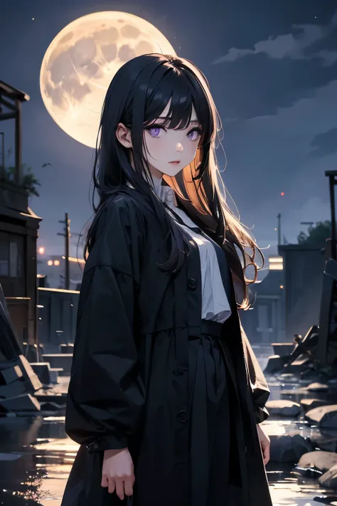 woman、bangs、long black hair、purple eyes、standing、full moon、Moonlight、ruins