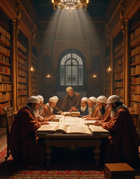 (unreal_engine5:1.2)),medieval islamic era, symmetrically balanced wide angle image scenery center composition, a group of ultra intricately arabic thinkers depiction focusing in their reading activity, study group,(all of them holding reading anciently bo...