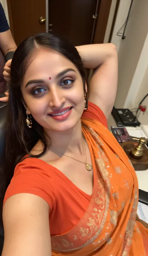 Top view, extreme close up photo of indian selfie, hourglass figure, swooping breasts, armpits, look at viewer and smile, lying on chair in office, necklace, red lips, ponytail, orange saree, sultry, 8K