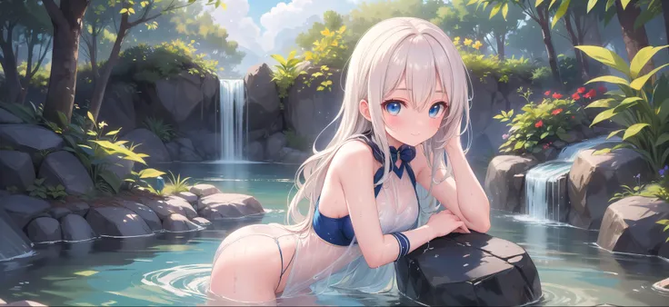 (masterpiece, top quality, high detail), full body scene of sexy Yor Forger posing provocatively in colorful realistic anime style, super detailed face, beautiful wavy white hair with navy blue highlights, clear sparkling sea blue eyes and cheerful express...