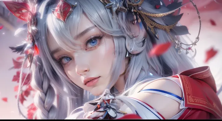 艺术背景Artistic Germ. High Detailed Texture ,panoramic,1 Girl,Girl interacts with a white tiger(1:6),Blur red petals and graphic fusion, with only one character,plump woman,beautiful young woman with white conceptual dress with white high slit dress,cloak,ho...