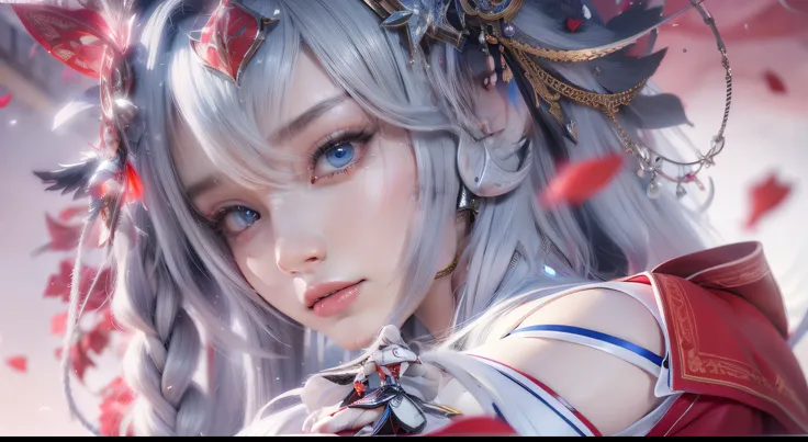 艺术背景artistic germ. High Detailed Texture ,panoramic,1 girl,Girl interacts with a white tiger(1:6),Blur red petals and graphic fusion, with only one character,plump woman,beautiful young woman with white conceptual dress with white high slit dress,cloak,ho...