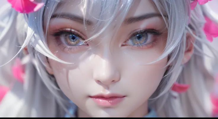 艺术背景artistic germ. High Detailed Texture ,panoramic,1 girl,Girl interacts with a white tiger(1:6),Blur red petals and graphic fusion, with only one character,plump woman,beautiful young woman with white conceptual dress with white high slit dress,cloak,ho...