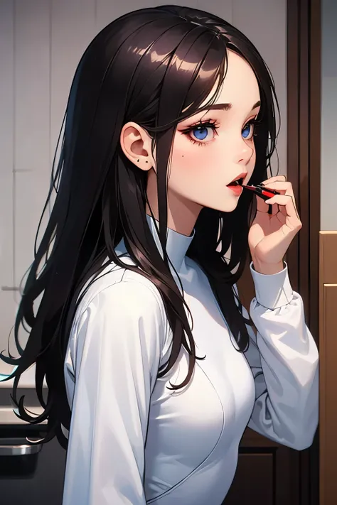 (highest quality:1.2), a 15-years-old girl is wearing make-up in a powder room. She is facing the mirror with lipstick in her hand. and a difficult expression on her face, bothering she should wear it or not. Behind her, a bodysuits is hanged on locker.  S...