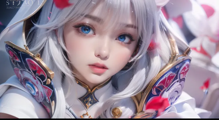 艺术背景artistic germ. High Detailed Texture ,panoramic,1 girl,Girl interacts with a white tiger(1:6),Blur red petals and graphic fusion, with only one character,plump woman,beautiful young woman with white conceptual dress with white high slit dress,cloak,ho...