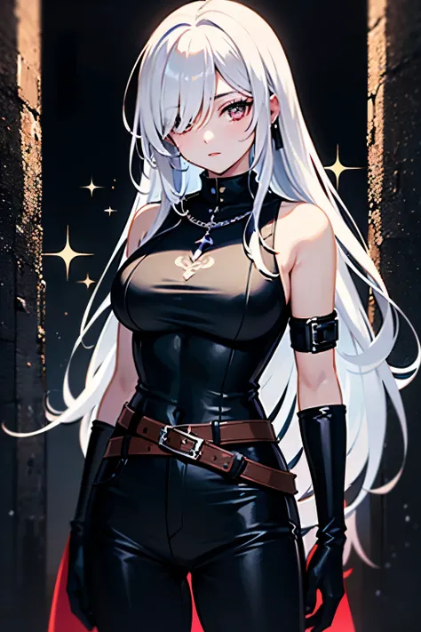 1girl, anime, beautiful woman, sparkly red eyes, long white hair with bangs covering one eye, wearing black medieval assassin attire, black medieval pants belted, medieval theme, loose sleeveless black top, long black gloves, medieval background wall, medi...